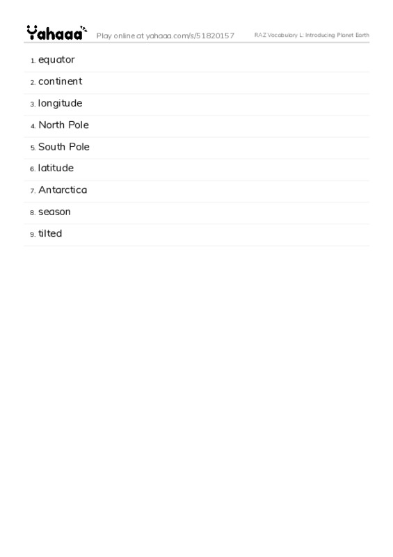 RAZ Vocabulary L: Introducing Planet Earth PDF words glossary