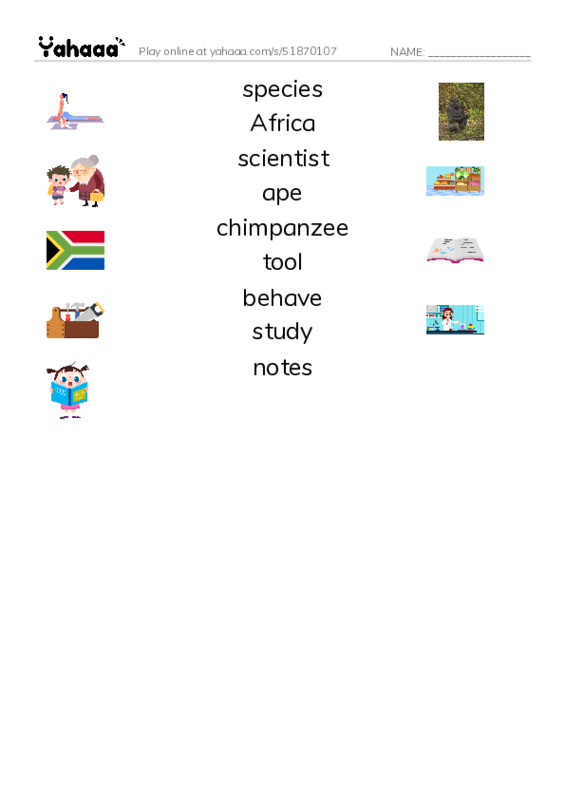 RAZ Vocabulary L: Jane Goodall PDF three columns match words