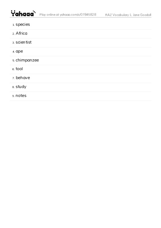RAZ Vocabulary L: Jane Goodall PDF words glossary