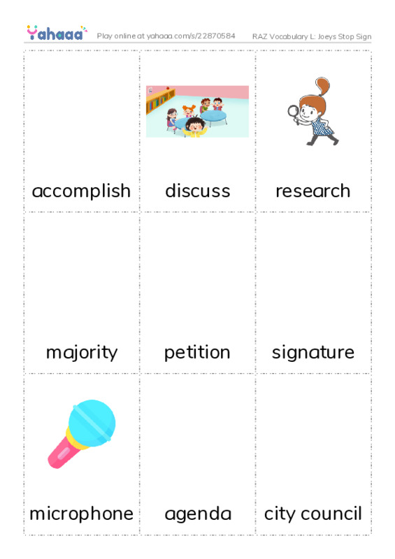 RAZ Vocabulary L: Joeys Stop Sign PDF flaschards with images