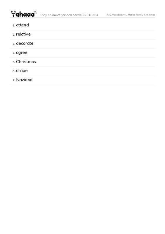 RAZ Vocabulary L: Marias Family Christmas PDF words glossary