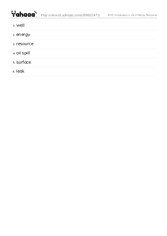 RAZ Vocabulary L: Oil A Messy Resource PDF words glossary
