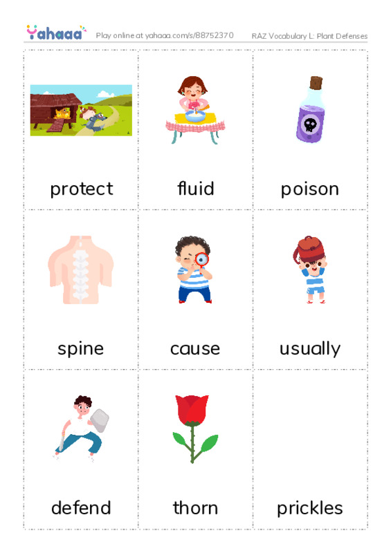 RAZ Vocabulary L: Plant Defenses PDF flaschards with images