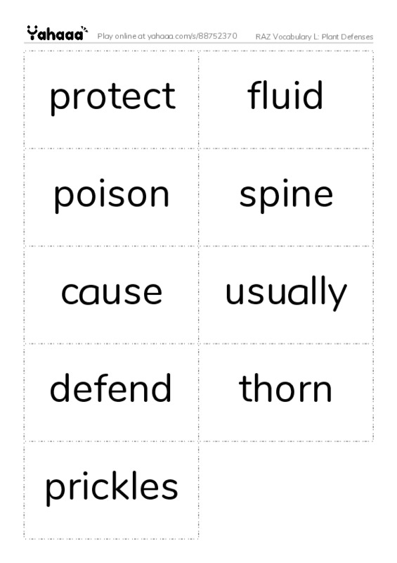 RAZ Vocabulary L: Plant Defenses PDF two columns flashcards