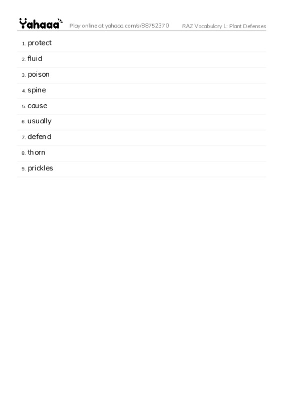 RAZ Vocabulary L: Plant Defenses PDF words glossary
