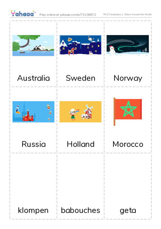 RAZ Vocabulary L: Shoes Around the World PDF flaschards with images