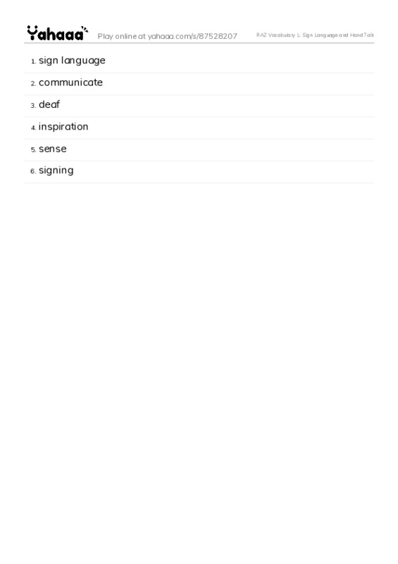 RAZ Vocabulary L: Sign Language and Hand Talk PDF words glossary