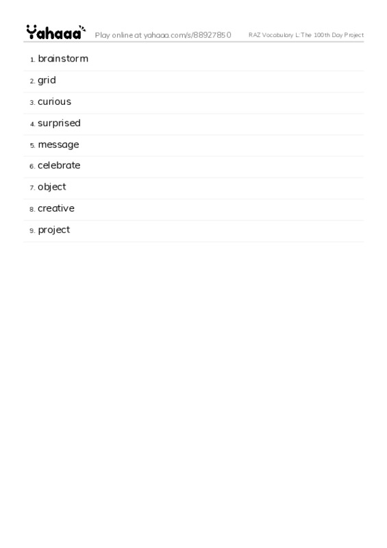 RAZ Vocabulary L: The 100th Day Project PDF words glossary