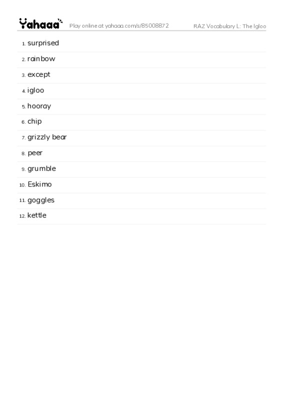 RAZ Vocabulary L: The Igloo PDF words glossary
