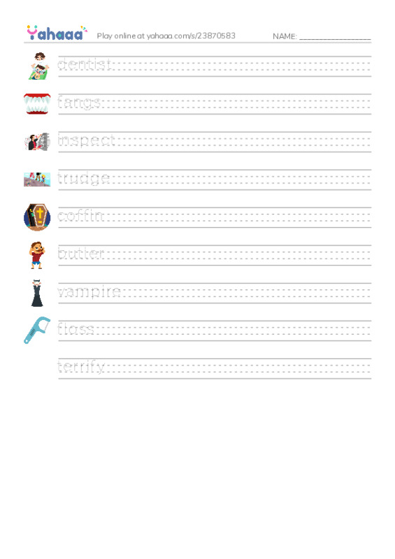 RAZ Vocabulary L: The Vampire Dentist PDF write between the lines worksheet
