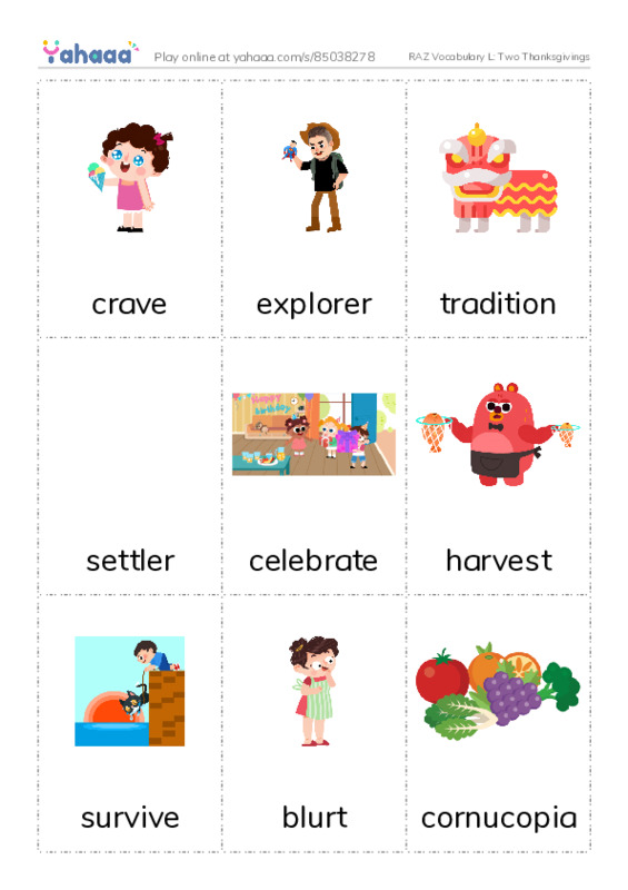 RAZ Vocabulary L: Two Thanksgivings PDF flaschards with images