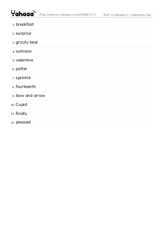 RAZ Vocabulary L: Valentines Day PDF words glossary