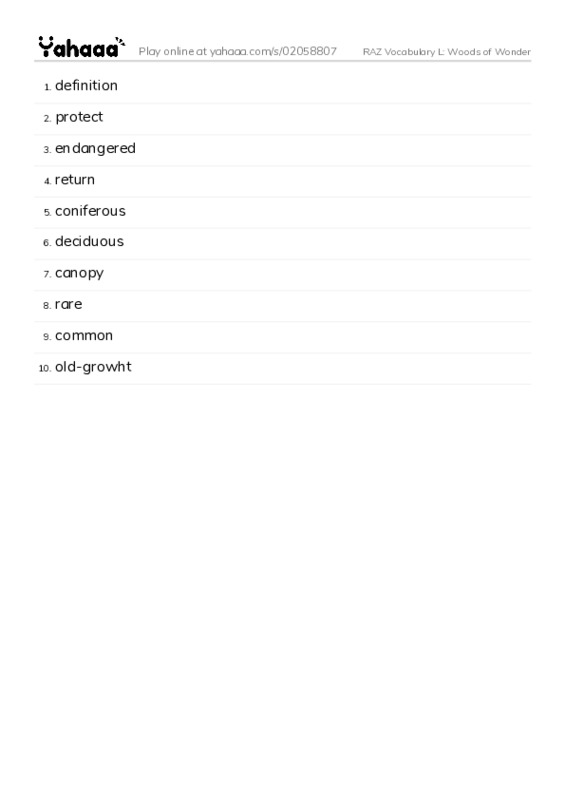 RAZ Vocabulary L: Woods of Wonder PDF words glossary