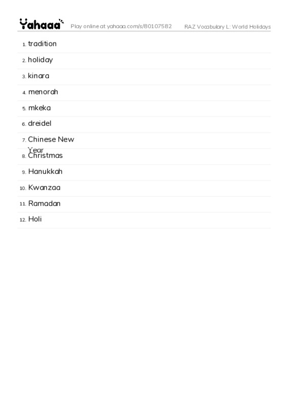 RAZ Vocabulary L: World Holidays PDF words glossary