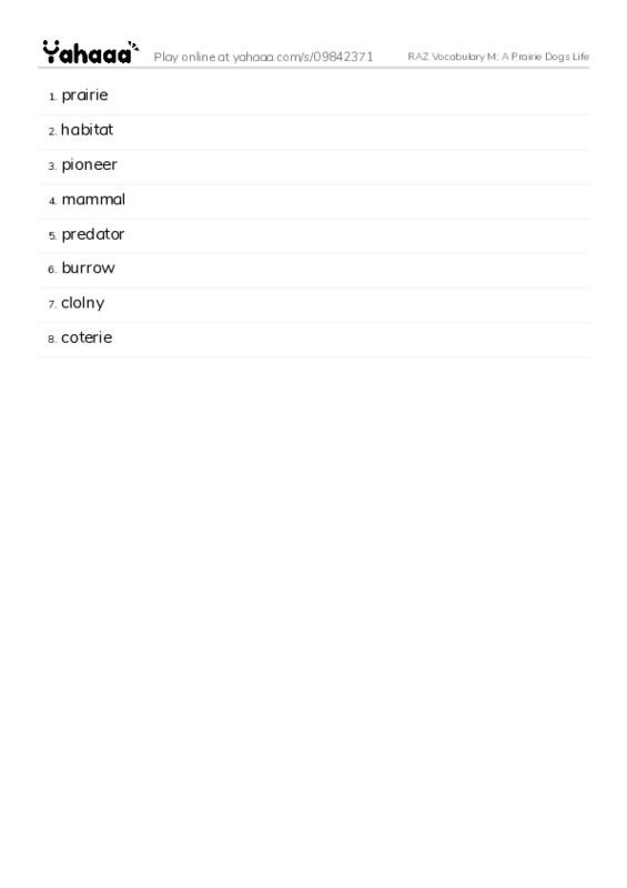 RAZ Vocabulary M: A Prairie Dogs Life PDF words glossary