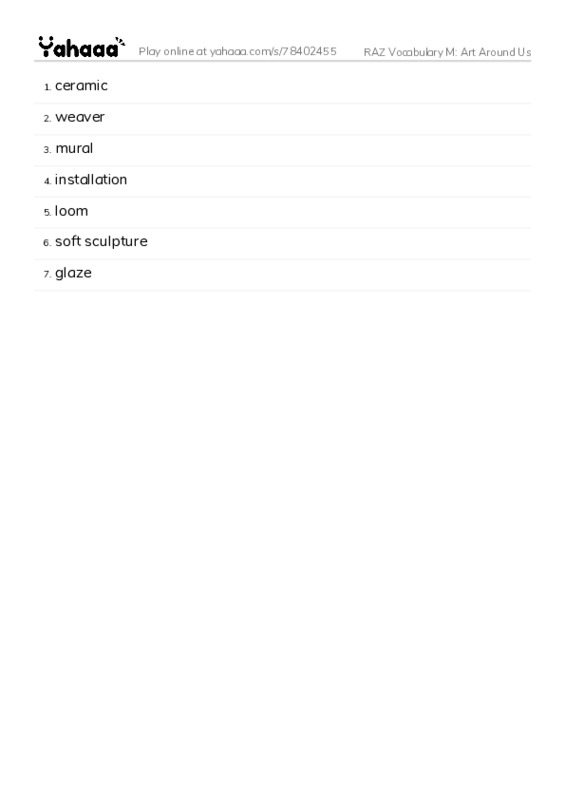 RAZ Vocabulary M: Art Around Us PDF words glossary