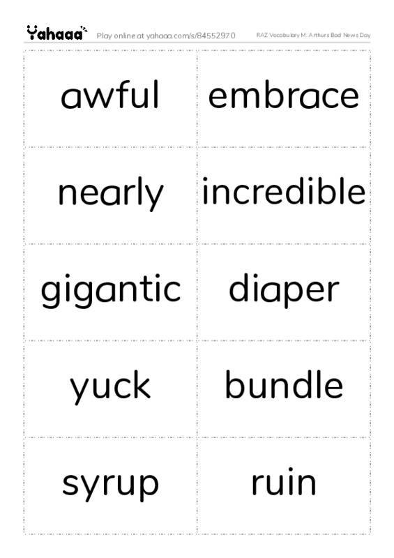 RAZ Vocabulary M: Arthurs Bad News Day PDF two columns flashcards