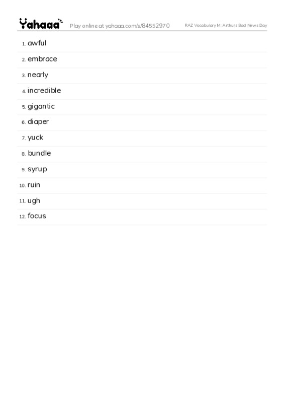 RAZ Vocabulary M: Arthurs Bad News Day PDF words glossary
