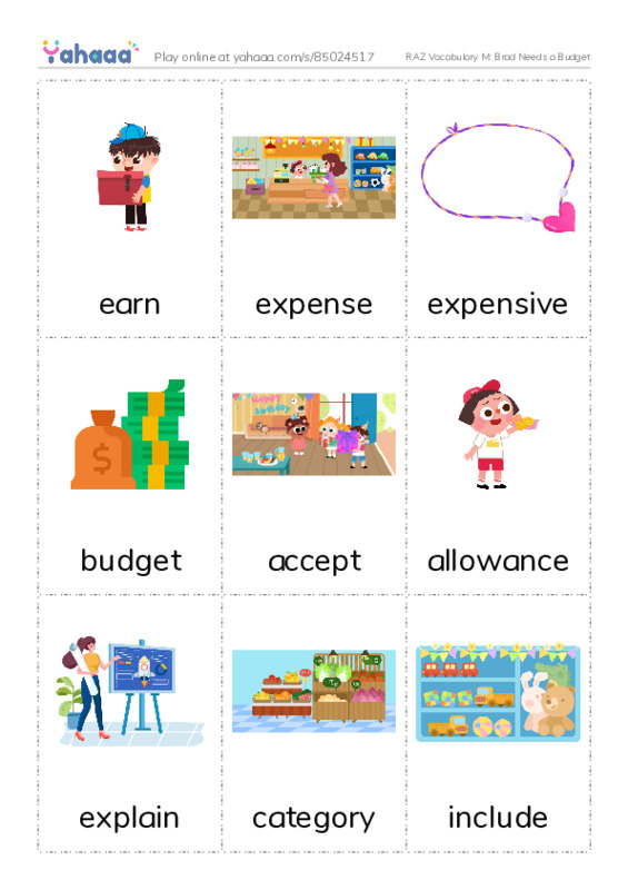 RAZ Vocabulary M: Brad Needs a Budget PDF flaschards with images