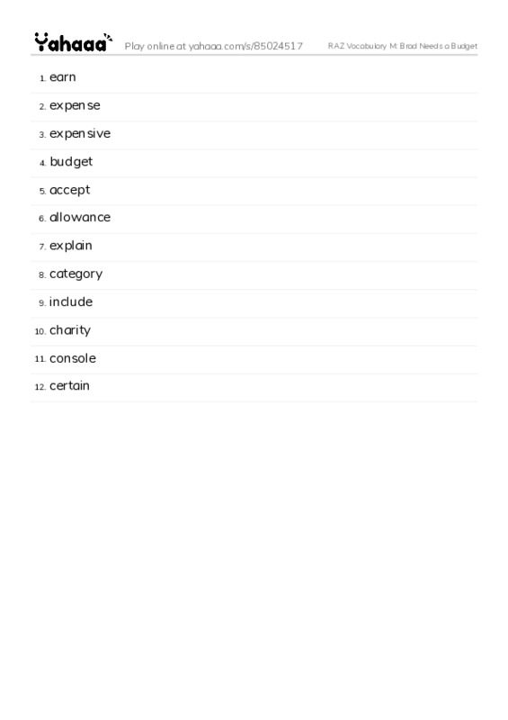 RAZ Vocabulary M: Brad Needs a Budget PDF words glossary