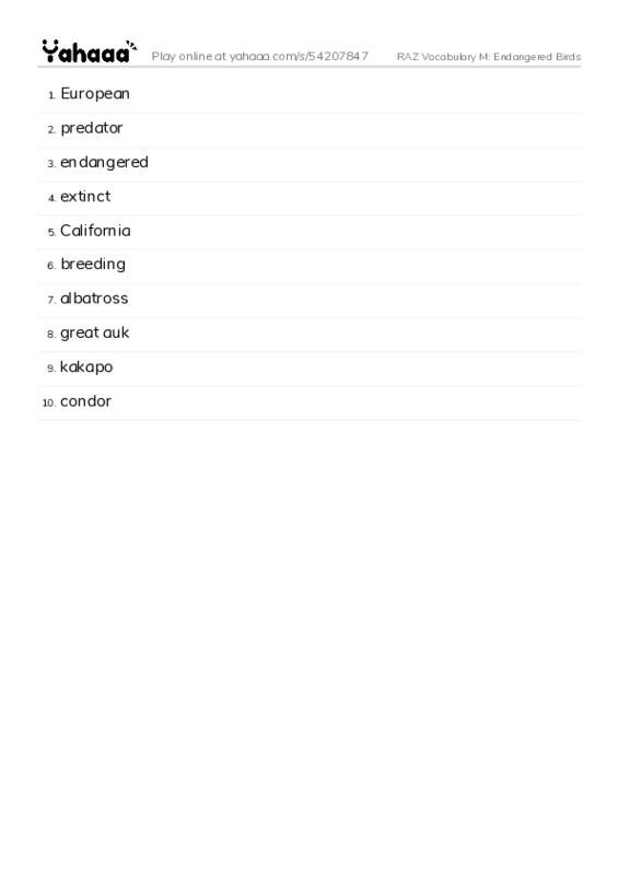 RAZ Vocabulary M: Endangered Birds PDF words glossary