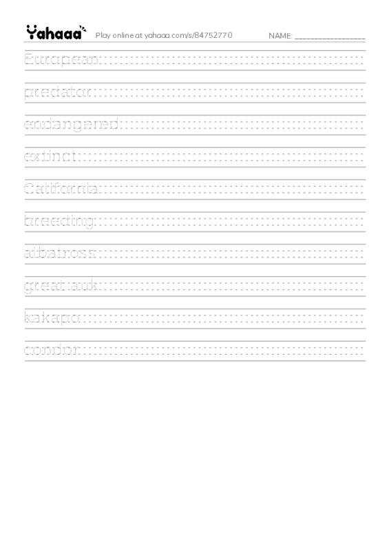 RAZ Vocabulary M: Endangered Birds PDF write between the lines worksheet