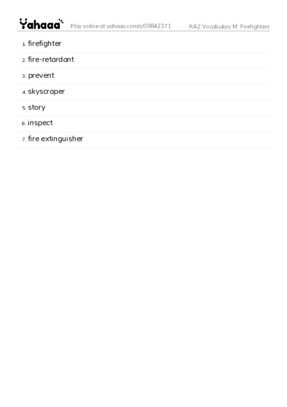 RAZ Vocabulary M: Firefighters PDF words glossary
