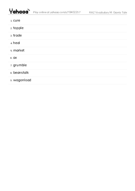 RAZ Vocabulary M: Giants Tale PDF words glossary