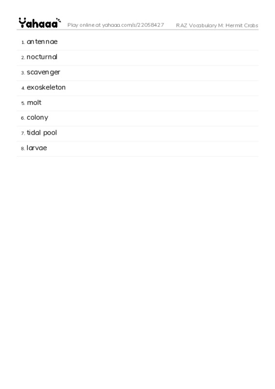 RAZ Vocabulary M: Hermit Crabs PDF words glossary