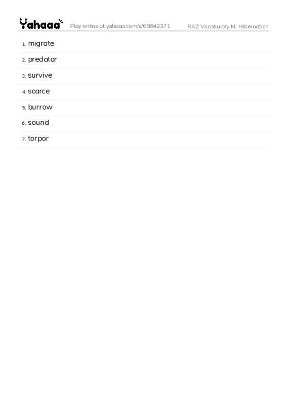 RAZ Vocabulary M: Hibernation PDF words glossary