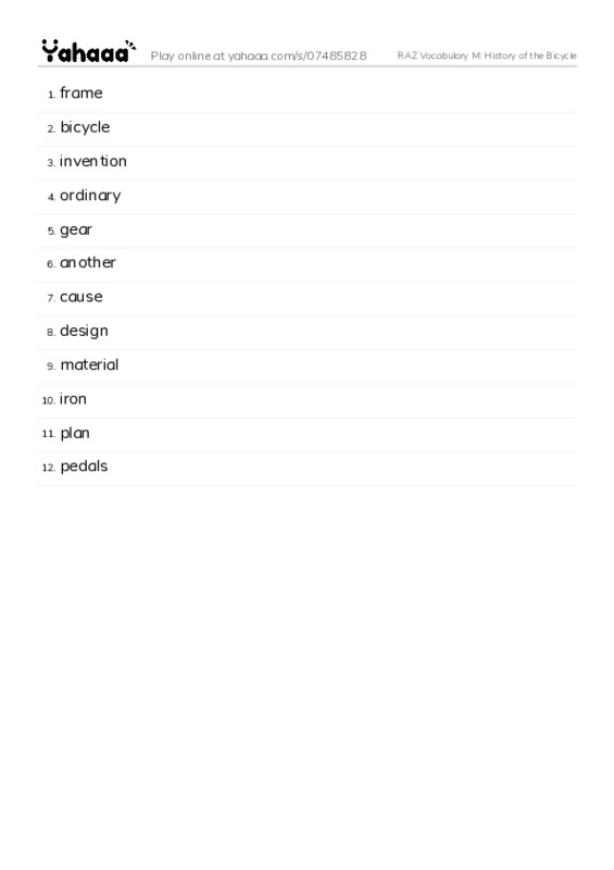 RAZ Vocabulary M: History of the Bicycle PDF words glossary