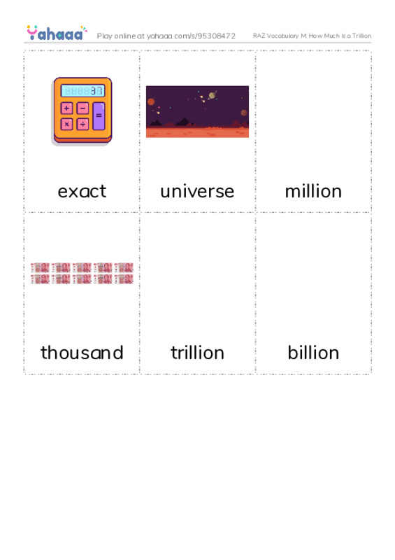RAZ Vocabulary M: How Much Is a Trillion PDF flaschards with images