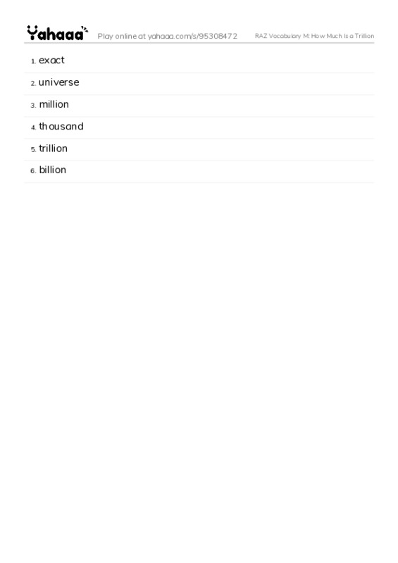 RAZ Vocabulary M: How Much Is a Trillion PDF words glossary