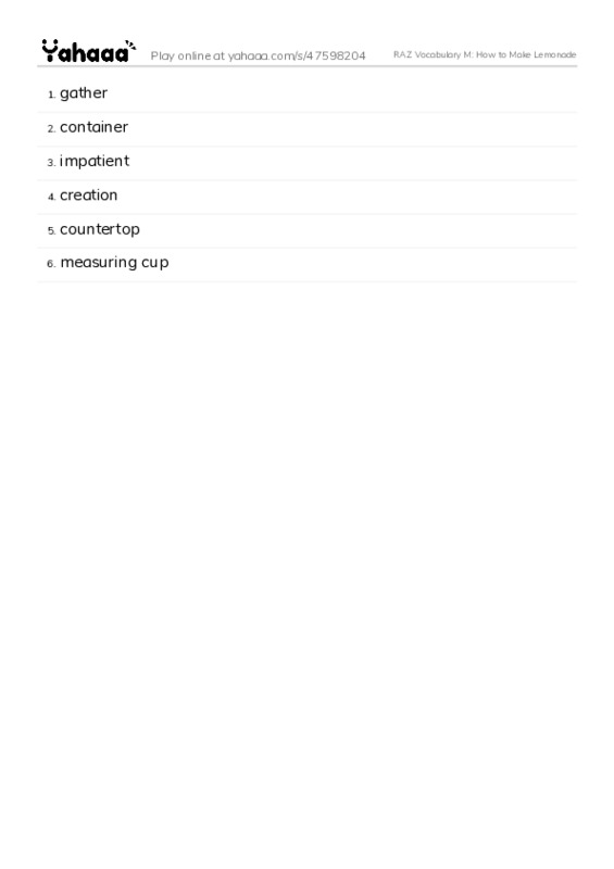 RAZ Vocabulary M: How to Make Lemonade PDF words glossary