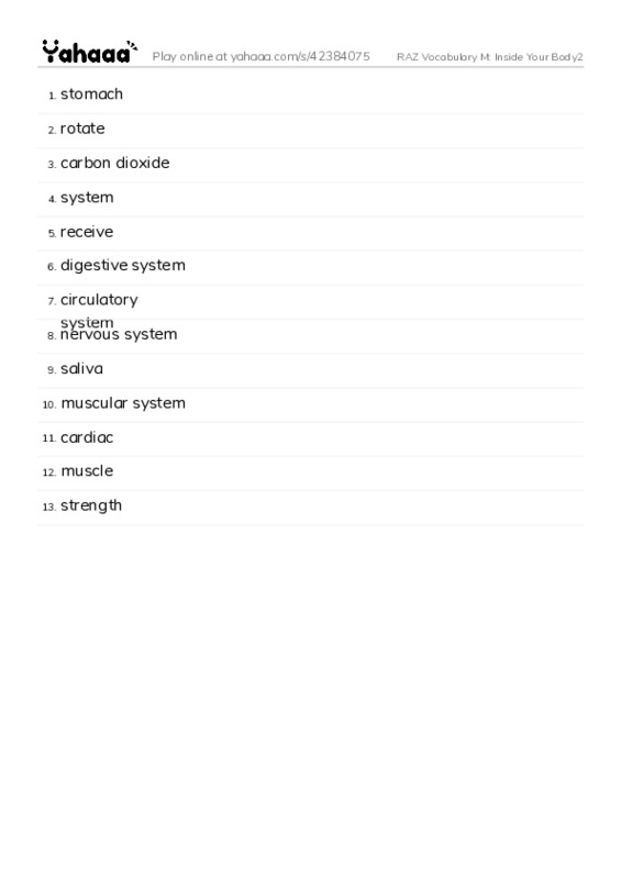 RAZ Vocabulary M: Inside Your Body2 PDF words glossary
