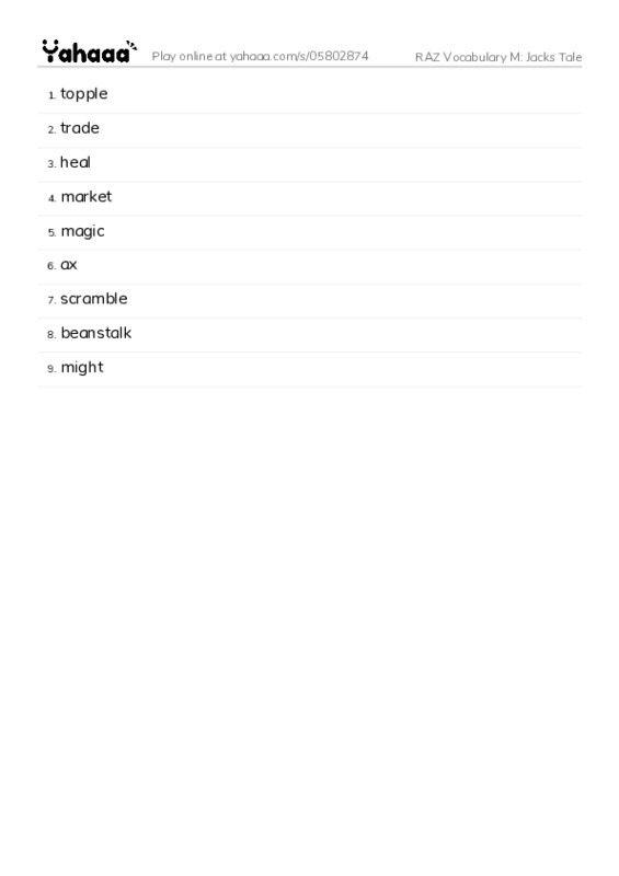 RAZ Vocabulary M: Jacks Tale PDF words glossary