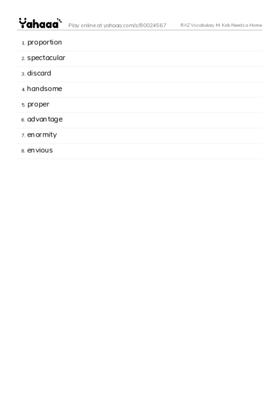 RAZ Vocabulary M: Keb Needs a Home PDF words glossary