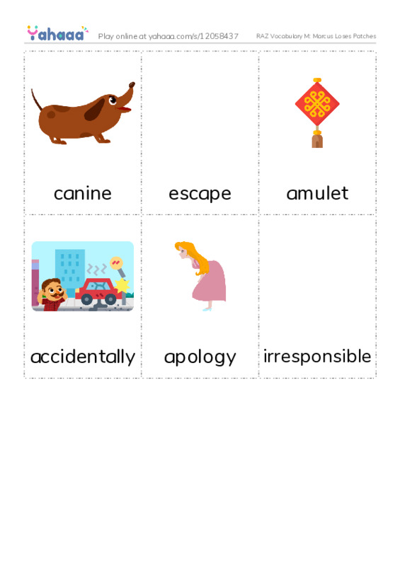 RAZ Vocabulary M: Marcus Loses Patches PDF flaschards with images
