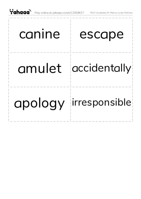 RAZ Vocabulary M: Marcus Loses Patches PDF two columns flashcards