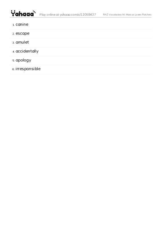 RAZ Vocabulary M: Marcus Loses Patches PDF words glossary