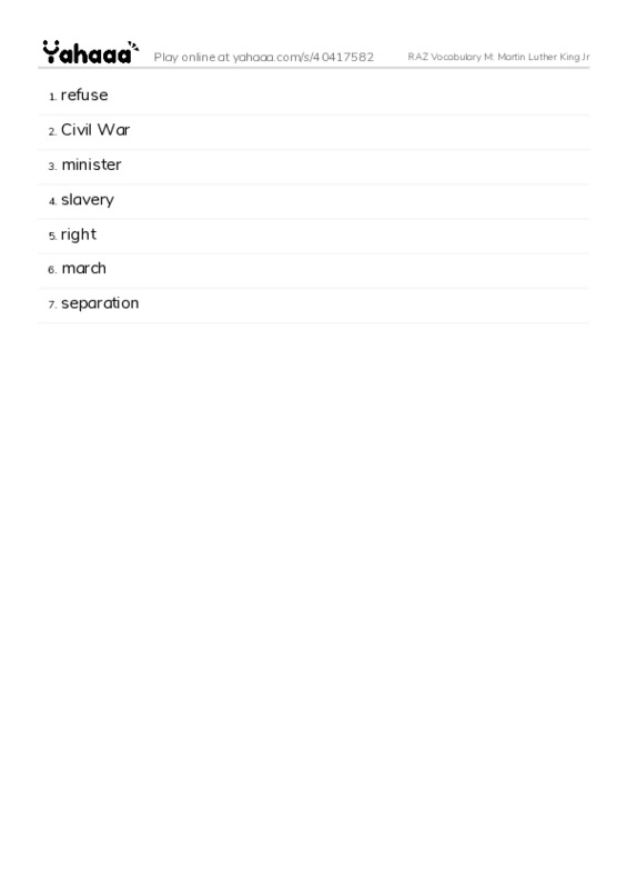RAZ Vocabulary M: Martin Luther King Jr PDF words glossary
