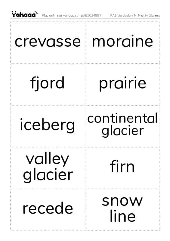 RAZ Vocabulary M: Mighty Glaciers PDF two columns flashcards