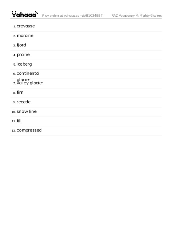 RAZ Vocabulary M: Mighty Glaciers PDF words glossary