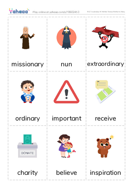 RAZ Vocabulary M: Mother Teresa Mother to Many PDF flaschards with images