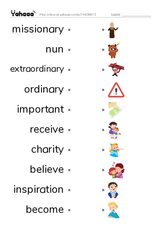 RAZ Vocabulary M: Mother Teresa Mother to Many PDF link match words worksheet