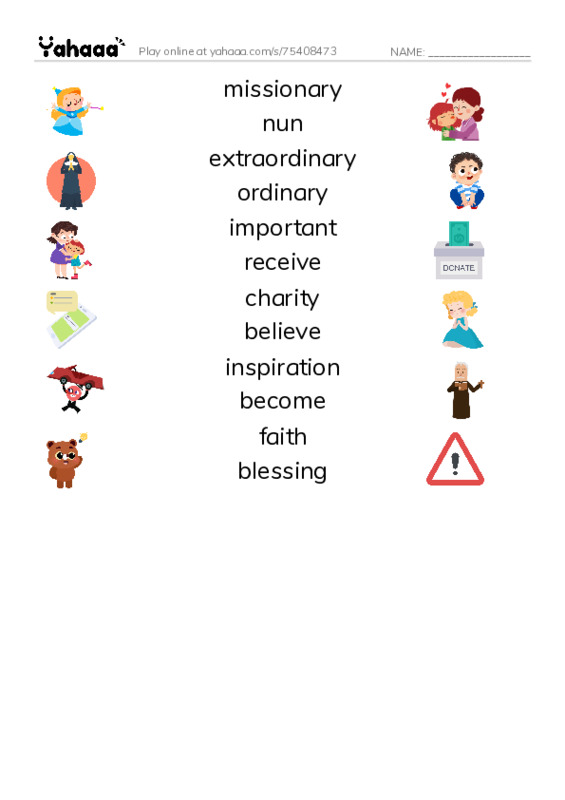 RAZ Vocabulary M: Mother Teresa Mother to Many PDF three columns match words