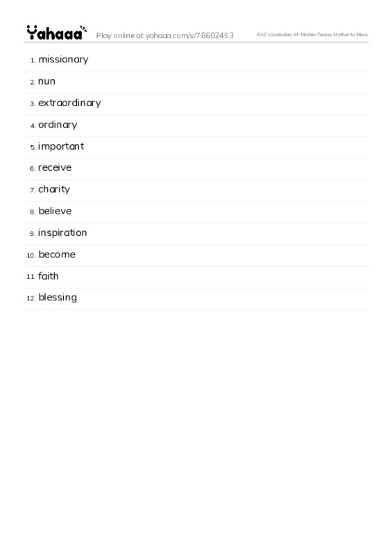 RAZ Vocabulary M: Mother Teresa Mother to Many PDF words glossary