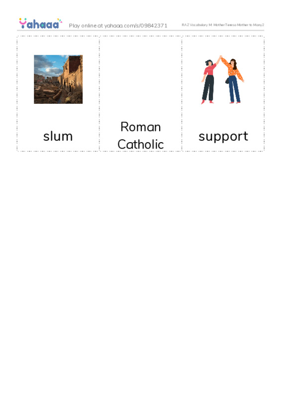 RAZ Vocabulary M: Mother Teresa Mother to Many2 PDF flaschards with images