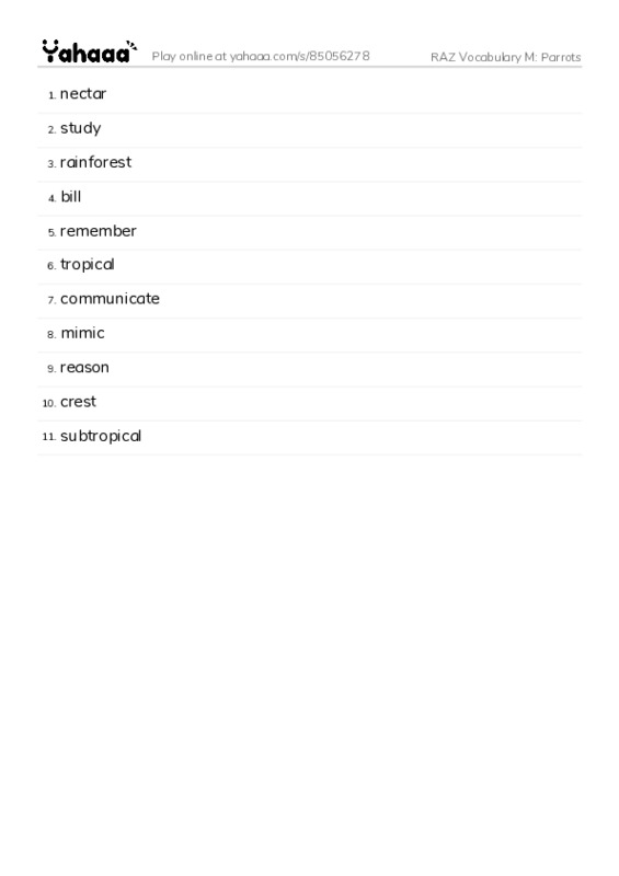 RAZ Vocabulary M: Parrots PDF words glossary