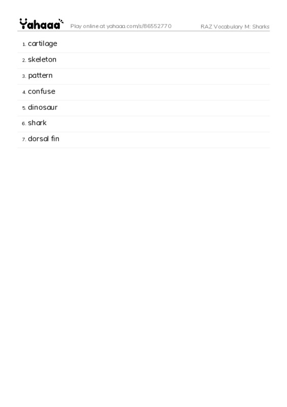 RAZ Vocabulary M: Sharks PDF words glossary